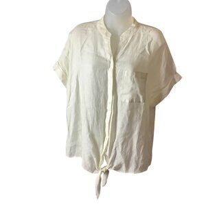 Charter‎ Club Women’s White Linen Button Front Tie Hem Shirt Size M Collarless